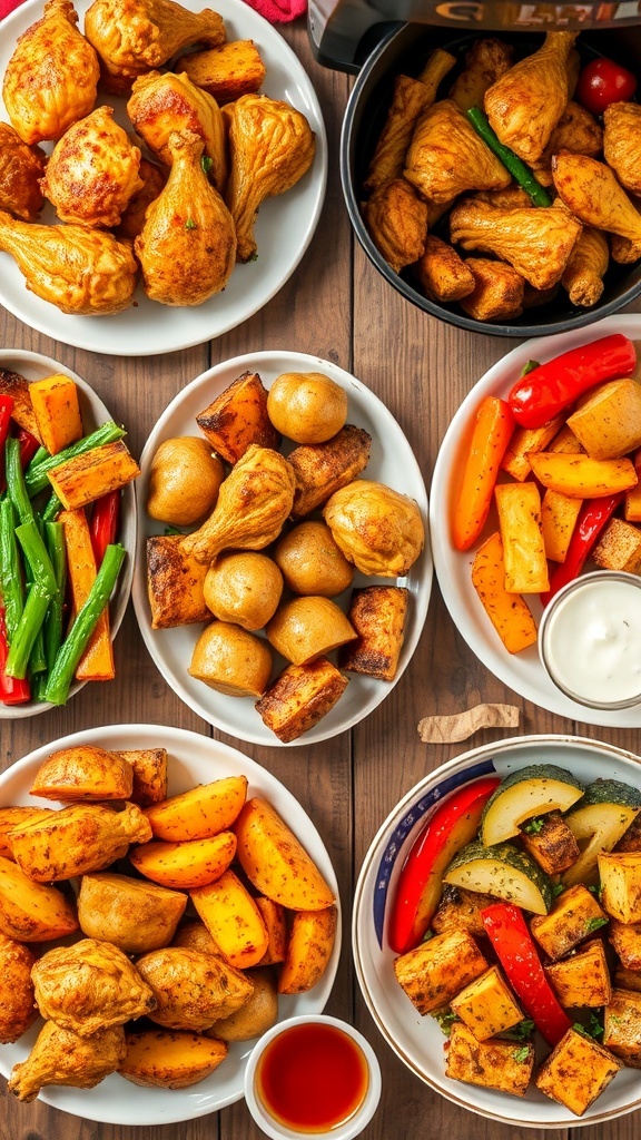 A variety of air fryer meals including chicken, potatoes, and vegetables on a wooden table.